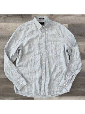 Nordstrom 100% Linen Slim Fit Button Up Shirt Blue White Heather Resort Large